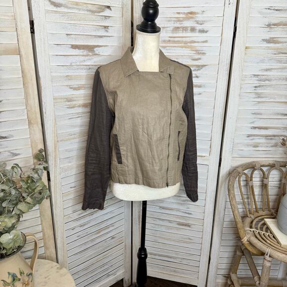 EILEEN FISHER Women's Petite L Organic Coated Linen Utility Moto Jacket Stone - Picture 4 of 16
